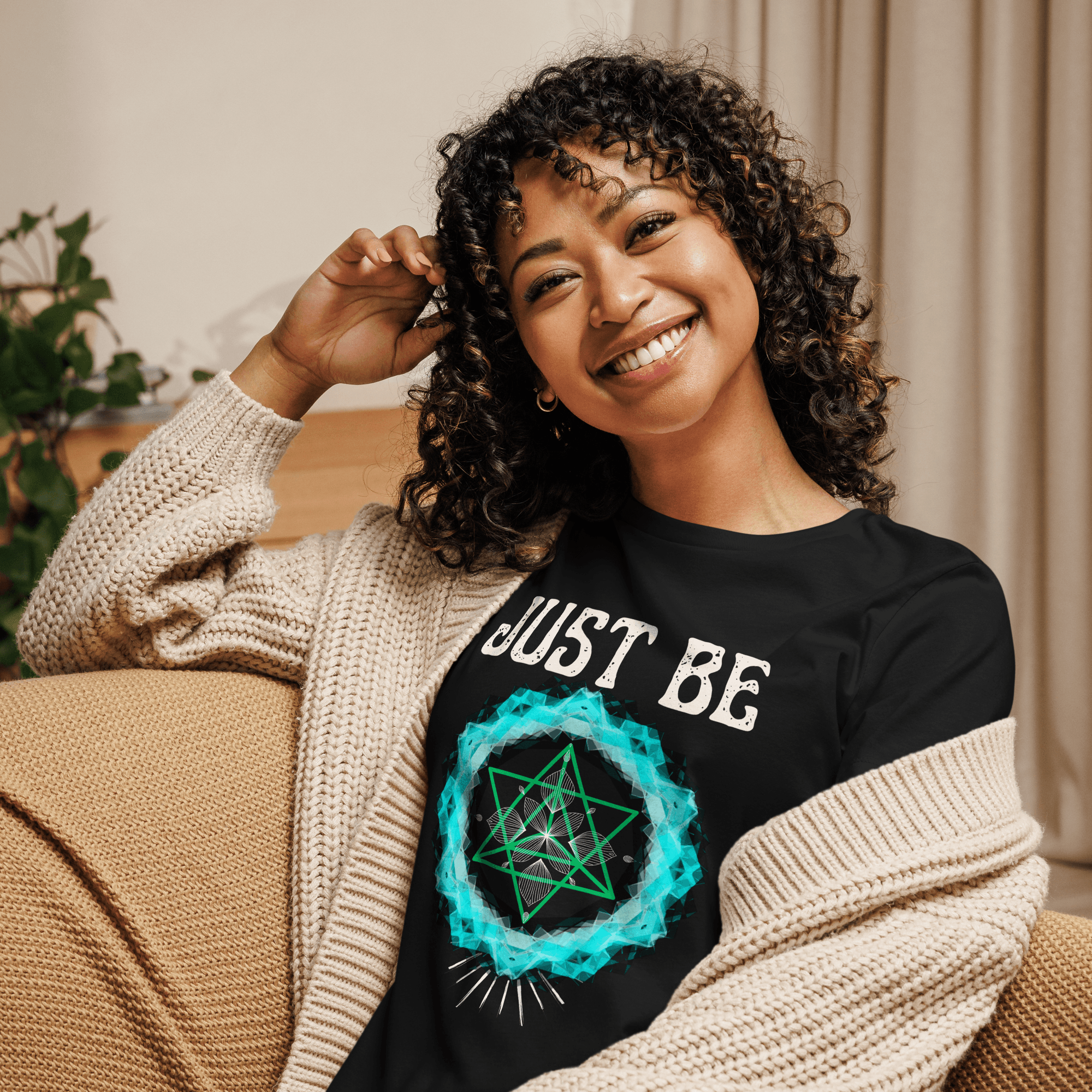 womens-relaxed-t-shirt-black-front-680827600c0e6.png "JUST BE" The Merkaba star vortex Black Women's Relaxed T-Shirt - Image 1