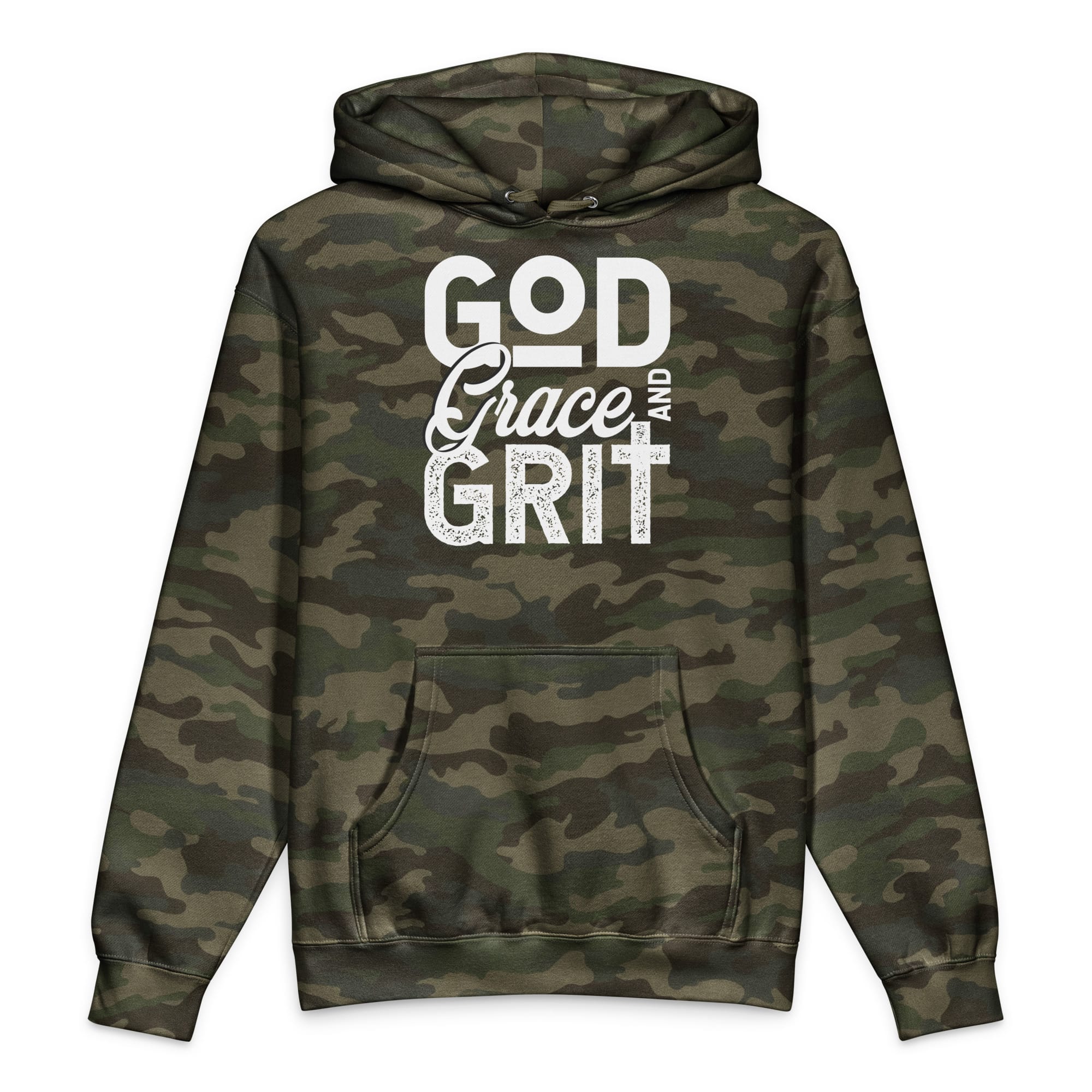 unisex-heavyweight-hooded-sweatshirt-forest-camo-front-69fbd3a33c5be.jpg GOD GRACE and GRIT OG design / Unisex Hooded Sweatshirt - Image 1